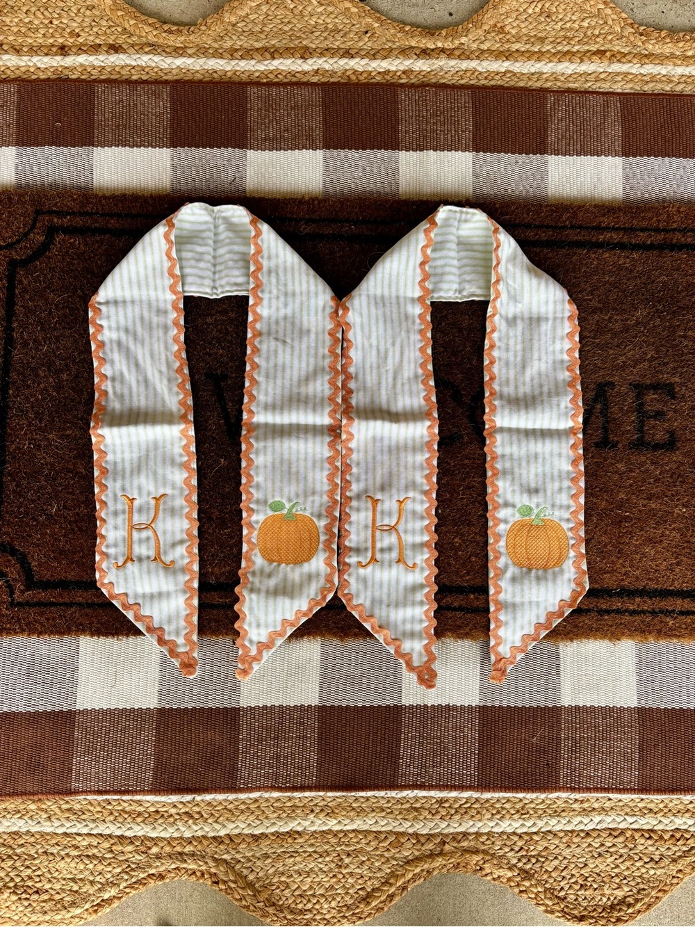 Embroidered Pumpkin/Monogrammed “K” white and green striped wreath sashes